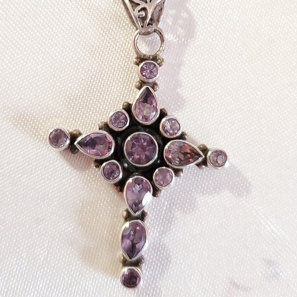 Vintage Womens Amethyst Cross Set In 14kt  Sterling Silver 16